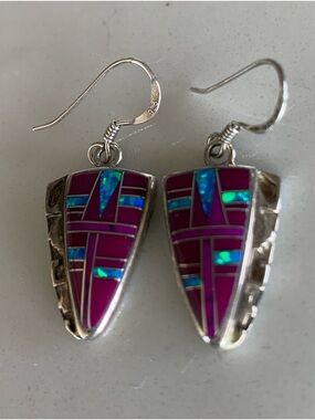 Purple and Opal Inlay .925 Sterling Drop Arrowhead Earrings
